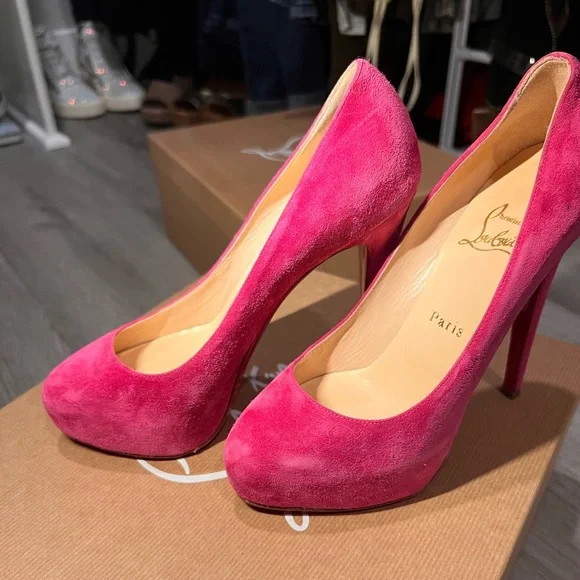100% Authentic Christian Louboutin Suede Pink Heels sz 37 - Picture 4 of 6